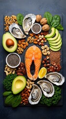 Nutrient-Rich Foods - Salmon, Oysters, Avocado, Nuts, and Spinach.
