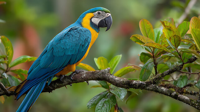 yellow and blue macaw perched in a lush rainforest environment filled with greenery wildlife and natural textures - Powered by Adobe