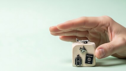 Travel insurance protection concept with airplane, passport, and luggage on a die