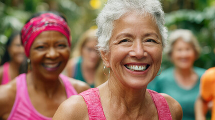 Smiling mature woman in fitness group promoting biohacking and longevity with joyful healthy lifestyle