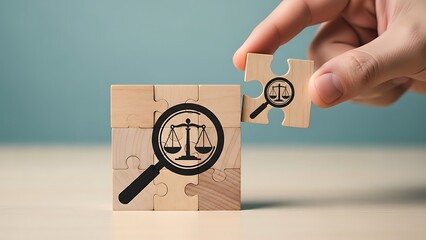 Law Investigation Concept Hand Placing Puzzle Piece with Scales of Justice Icon