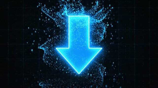 Neon blue glowing arrow pointing down with digital data splash on dark grid background concept for download