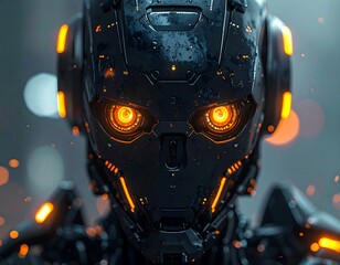 Fototapeta premium Close-up of a futuristic robot face with glowing orange eyes