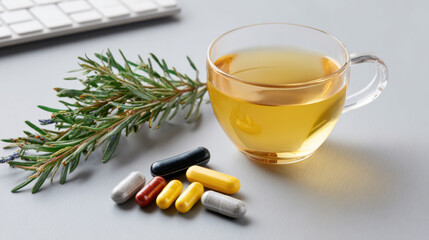 Biohacking longevity herbal tea with supplements capsule pills near sprig of rosemary promoting wellness and vitality