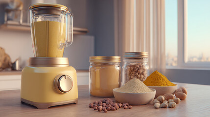 Golden smoothie blender with jars biohacking longevity healthy spice powder nut morning ritual