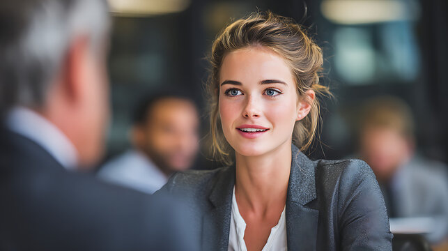 office presentation scene with confident businesswoman speaking to a group of young colleagues during a business meeting highlighting leadership training and collaboration