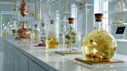 Biohacking longevity herbal extract in glass flasks on white laboratory counter with botanical specimens and warm light