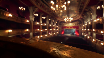 Deep within a grand theater, warm chandeliers illuminate the ornate architecture. Rows of velvet seats await an audience, ready for a captivating performance to unfold on stage.