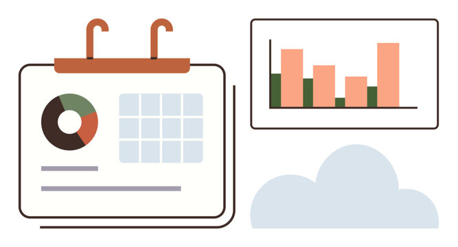Calendar with pie chart, bar chart, and cloud. Ideal for data analysis, planning, scheduling, productivity, cloud computing, business strategy and time management concepts in a simple flat metaphor
