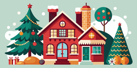 Fototapeta premium Christmas Tree Toy Decoration Vintage House Set Festive Vector Illustration