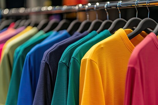 A vibrant clothing rack filled with an array of colorful shirts, each showcasing a unique design and color scheme, creating a visually appealing display.