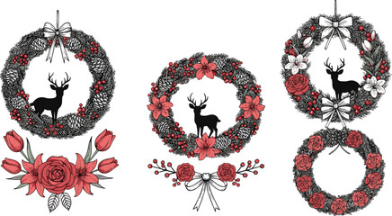 Hand-Drawn Vintage Collection of Festive Christmas and Winter Wreaths Decorated with Pine Needles, Cones, Red Flowers, Berries, Ribbons, and Black Reindeer Silhouettes, Isolated on White.