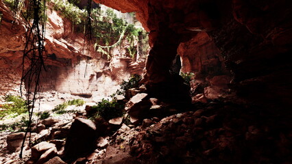 In a secluded cavern, sunlight filters through vibrant leaves, illuminating rocky surfaces and creating a mystical atmosphere. Nature thrives amidst rugged stone formations and shadows.