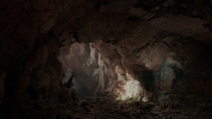 In a dimly lit cave, beams of soft light pierce through rocky formations, casting shadows on the walls. Lush green plants peek through the crevices, adding life to the ancient stone.