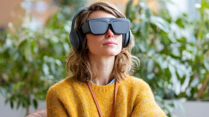 Biohacking longevity woman wearing sensory mask and headphones relaxed in indoor plant filled room