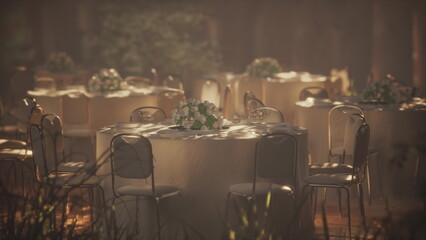 Tables adorned with white tablecloths and floral centerpieces create a charming setting. Soft sunlight filters through trees, enhancing the serene atmosphere perfect for a gathering.