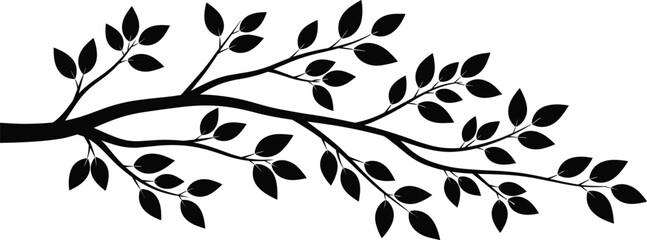 Horizontal black silhouette of a tree branch with many leaves, vector illustration isolated on white background, decorative botanical element for nature border and eco design.