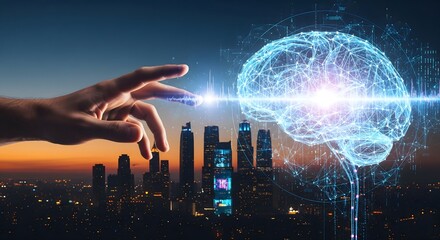 Futuristic AI Brain Hologram with Human Hand Over Cityscape