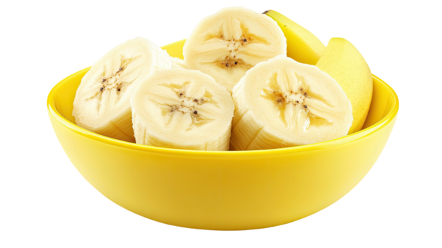 Sliced banana bowl in yellow bowl with fresh fruit pieces soft creamy texture sweet tropical snack detail isolated on white background