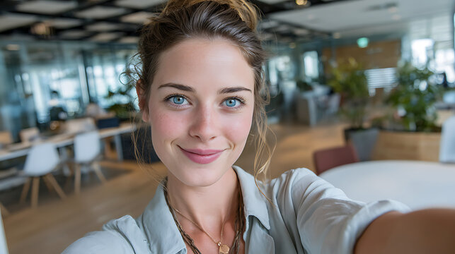 cheerful woman in a trendy modern office taking a bright and happy selfie displaying relaxed mood and positive office culture in a contemporary work setting