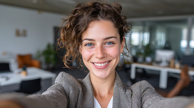 cheerful woman in a trendy modern office taking a bright and happy selfie displaying relaxed mood and positive office culture in a contemporary work setting