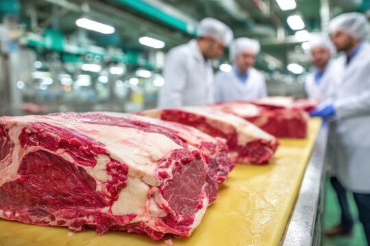 Inspection of freshly cut beef slabs in a large processing facility during a productive day of quality control