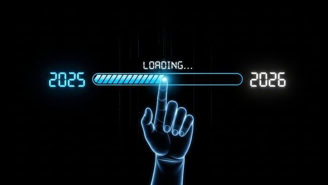 A digital hand touching a loading bar transitioning from year two thousand twenty five to two thousand twenty six