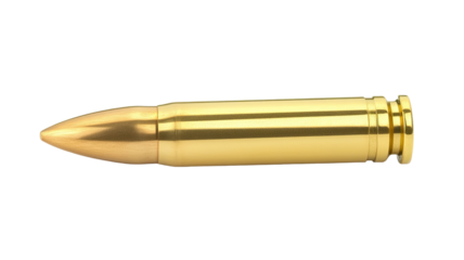 Shiny brass bullet with polished metallic surface detailed ammunition shape sleek golden projectile form closeup isolated on white background