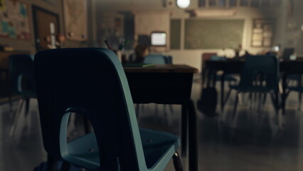 Soft afternoon light filters into a quiet classroom, highlighting empty chairs and desks. The atmosphere is calm, inviting thoughts of learning and potential in the stillness.