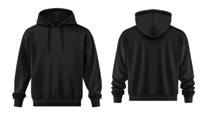 Set of black and front view hoodie showing detailed fabric texture modern casual clothing garment apparel layout isolated on white background