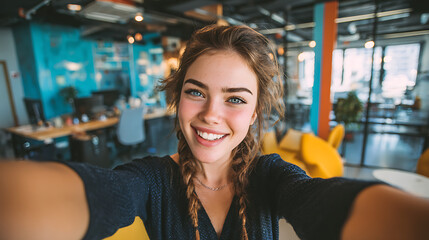 young professional woman taking a casual selfie in a modern office showcasing a creative environment confident expression and joyful lifestyle in the workspace
