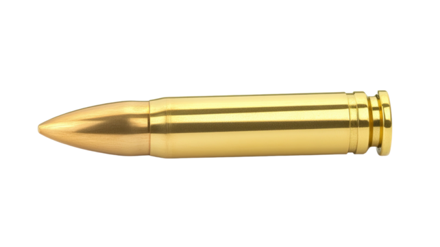 Shiny brass bullet with polished metallic surface detailed ammunition shape sleek golden projectile form closeup isolated on white background