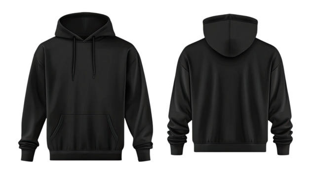 Set of black and front view hoodie showing detailed fabric texture modern casual clothing garment apparel layout isolated on white background
