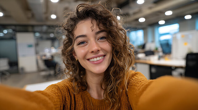young professional woman taking a casual selfie in a modern office showcasing a creative environment confident expression and joyful lifestyle in the workspace