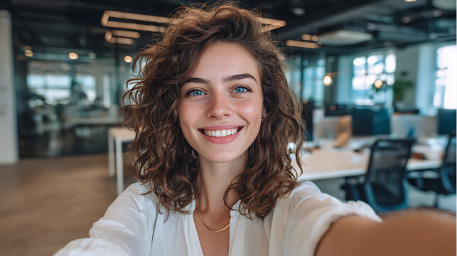 cheerful woman capturing a selfie in a modern office setting reflecting a youthful energy relaxed mood and positive workplace culture in a bright corporate environment