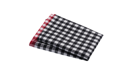 Gingham fabric, black & white, red edge, folded