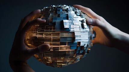 Human hands gently cradle a glowing, complex spherical structure composed of layered, metallic blocks.