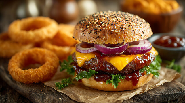 juicy cheeseburger stacked with cheddar cheese lettuce red onion and bbq sauce on sesame bun served with crispy onion rings and dipping sauce on rustic serving plate