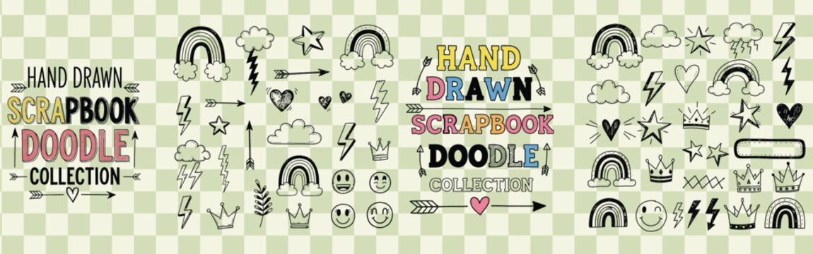 Hand drawn scrapbook doodle collection featuring rainbows clouds stars hearts and lightning bolts