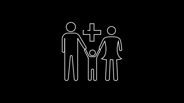 Family medicine icon animation on black background, neon glowing doctor and family health symbol, primary care neon healthcare loop for clinic, hospital, medical services and wellness