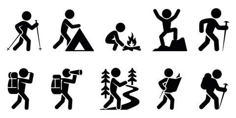 hiking camping outdoor activity, comprehensive outdoor activity icon set featuring hikers, campers, climbers and adventure scenes ideal for travel graphics, maps, apps and nature themed designs
