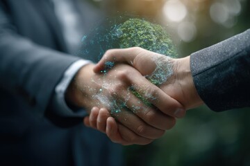 Business professionals engage in corporate social responsibility efforts through a collaborative handshake focused on sustainability and community support in a natural setting