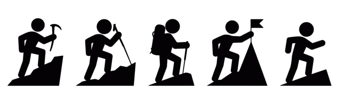 mountain hiking and climbing silhouette icons, outdoor hiking and mountain climbing activity silhouette icon set with trekking, trail walking, adventure travel poses and climber actions for vector 