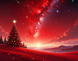 Christmas tree red shiny christmas background with stars on top of the sky