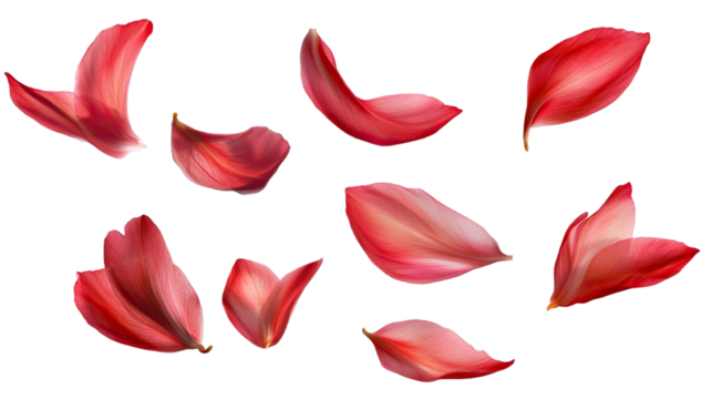 Red flower petals spread in vibrant scattered arrangement soft natural floral fragments detailed delicate bloom pieces isolated on white background