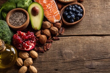 Healthy food selection on rustic wooden background including fruits, nuts, and greens to promote a balanced diet and wellness lifestyle