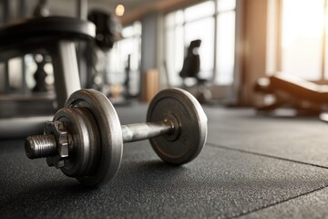 Dumbbell resting on the gym floor during a morning workout session in a fitness center