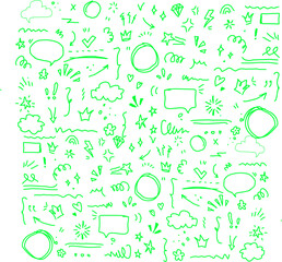 A lively set of green hand-drawn doodles featuring stars, clouds, speech bubbles, arrows, lines, and playful symbols, ideal for planners, stickers, notes, and creative graphic design.
