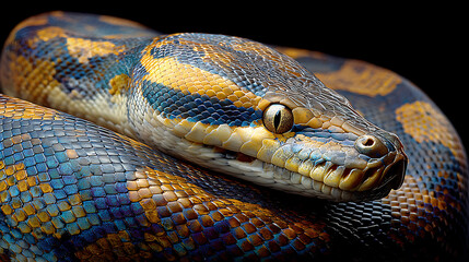 Fototapeta premium python snake with vibrant scales in indonesia captured in a natural forest environment showcasing reptile wildlife macro photography and detailed textures