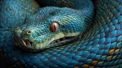 Obraz premium coiled python snake with colorful scales in a tropical indonesian forest showing exotic reptile habitat and snake patterns